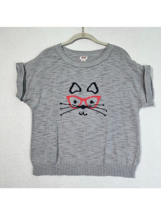 Mossimo Supply Co. Sweaters - Mossimo Pink Glasses Kitty Cat Grey Short Sleeve Cotton Knit Sweater Shirt Med